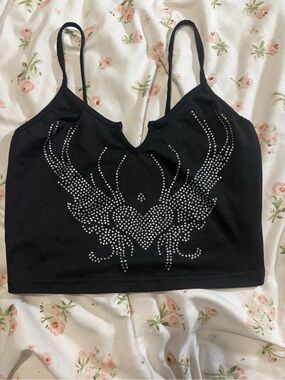 SHEIN Black Rhinestone Winged Heart Crop Camisole
